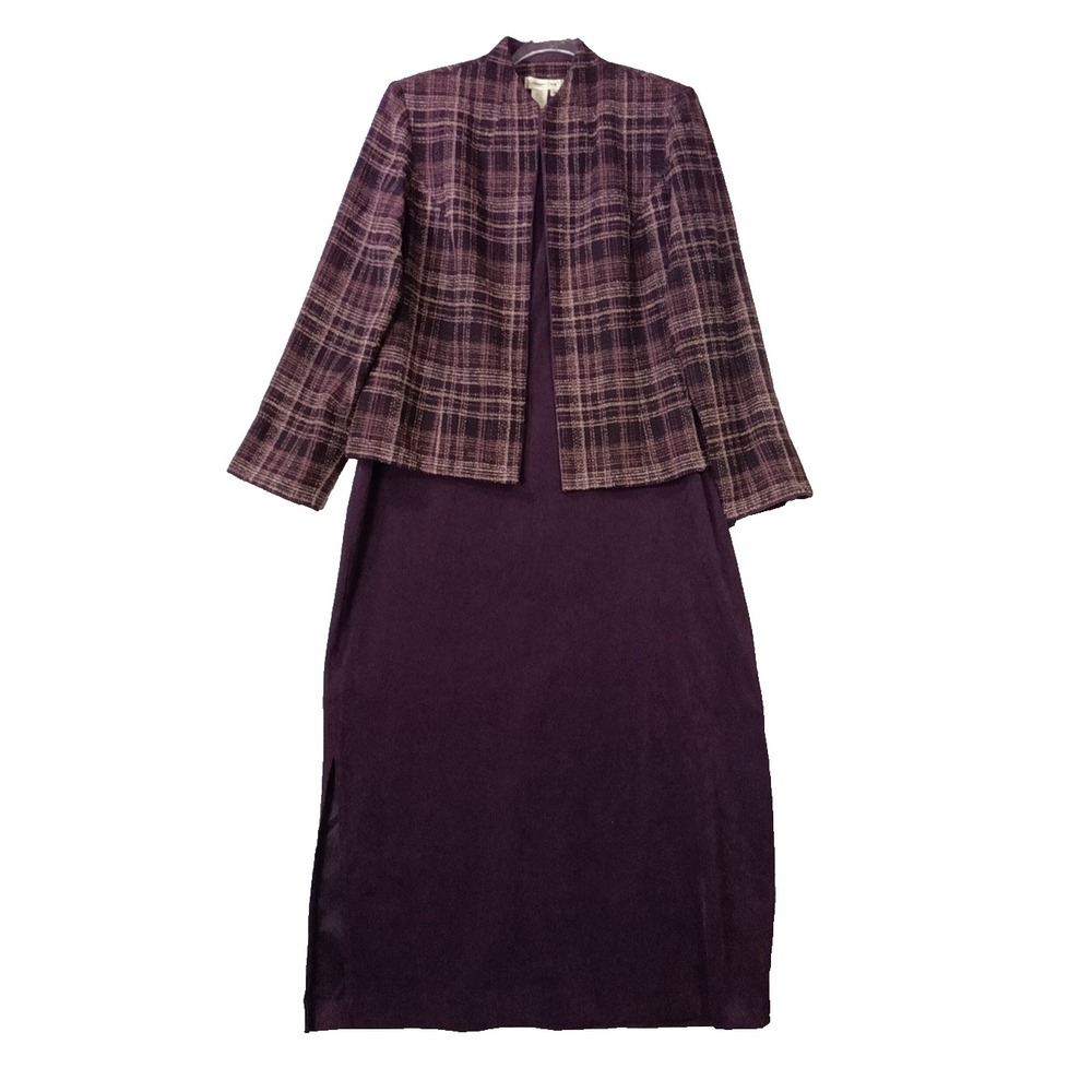 Coldwater Creek 2 Pc Dress Set Size 16 Purple Plaid Jacket Midi Dress Women - Picture 4 of 12
